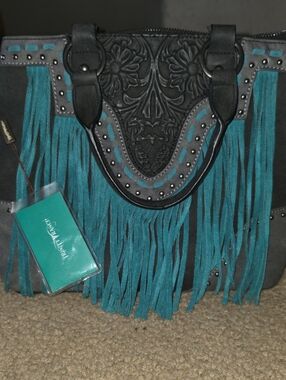 Trinity Teal Fringe Embossed Western Tote